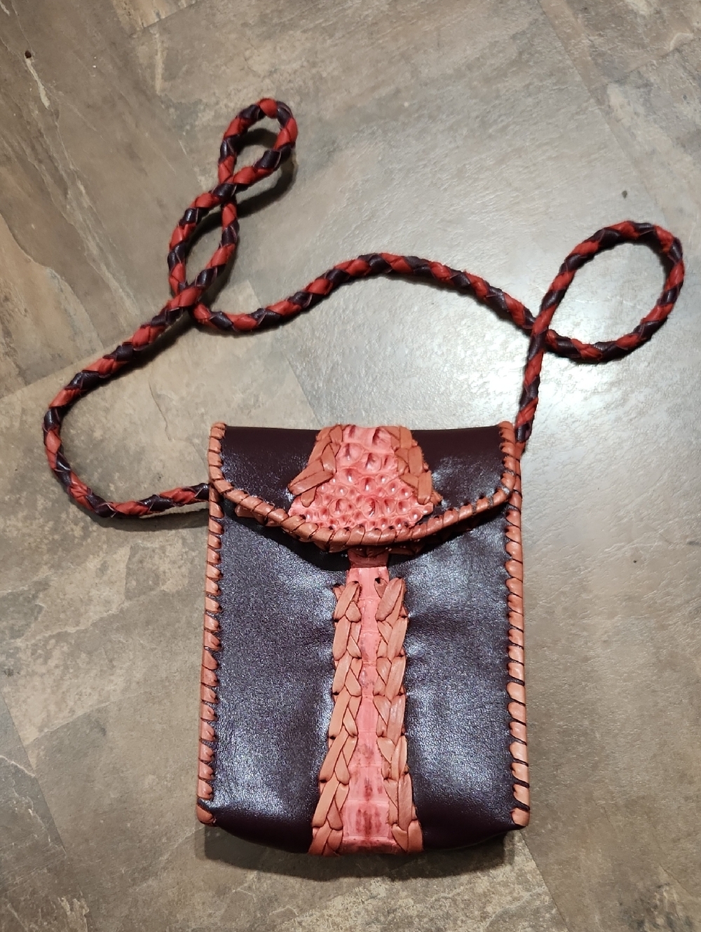 Handwoven Small "Areias"Leather Crossbody Bag in Burgundy and Coral